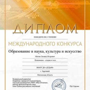 Объединение «Знатоки истории» достойно представило Дворец творчества детей и молодежи на Международном конкурсе научно-исследовательских, творческих и методических работ «Образование и наука, культура и искусство», который проводится Академией Народной Эн